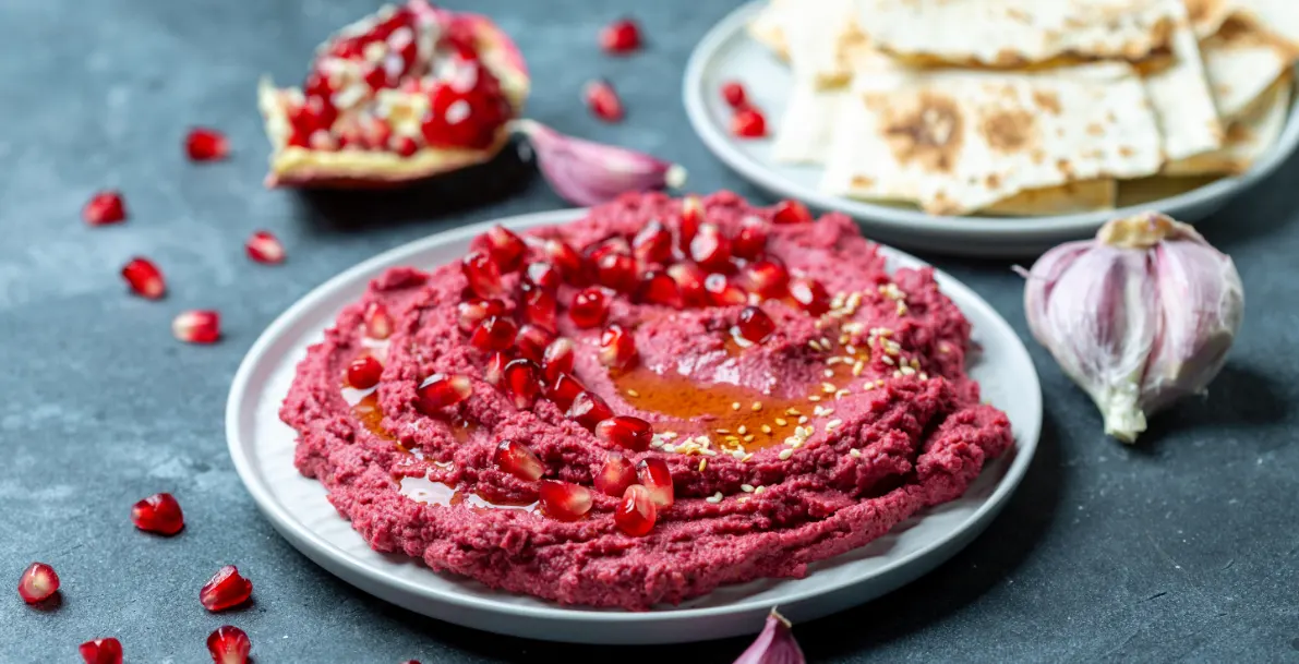 Hummus with beetroot and pomegranate